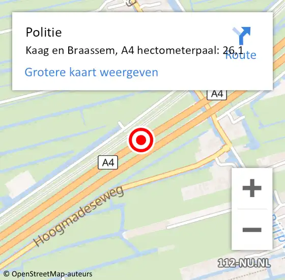 Locatie op kaart van de 112 melding: Politie Kaag en Braassem, A4 hectometerpaal: 26,1 op 14 juli 2024 01:53