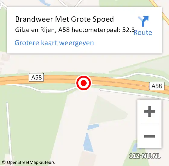 Locatie op kaart van de 112 melding: Brandweer Met Grote Spoed Naar Gilze en Rijen, A58 hectometerpaal: 52,3 op 14 juli 2024 01:56