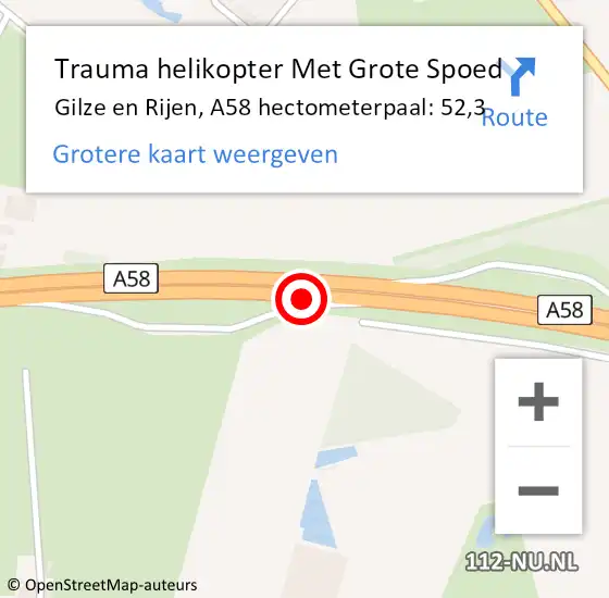 Locatie op kaart van de 112 melding: Trauma helikopter Met Grote Spoed Naar Gilze en Rijen, A58 hectometerpaal: 52,3 op 14 juli 2024 02:01