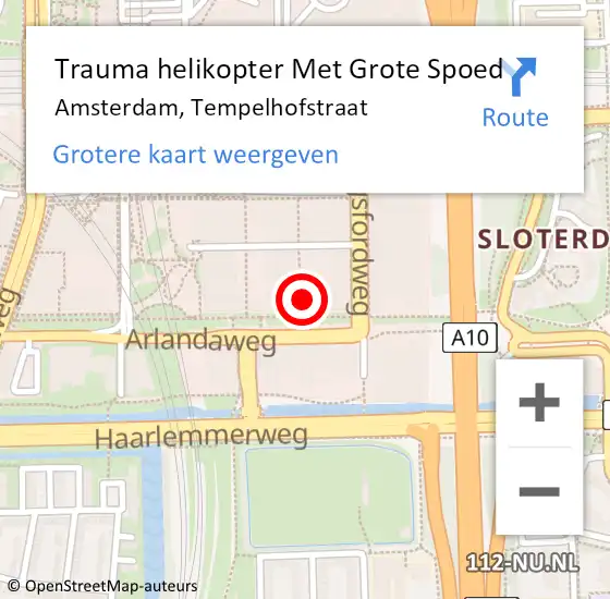 Locatie op kaart van de 112 melding: Trauma helikopter Met Grote Spoed Naar Amsterdam, Tempelhofstraat op 14 juli 2024 04:57