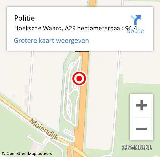 Locatie op kaart van de 112 melding: Politie Hoeksche Waard, A29 hectometerpaal: 94,4 op 14 juli 2024 06:45