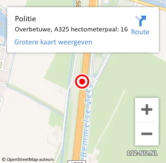 Locatie op kaart van de 112 melding: Politie Overbetuwe, A325 hectometerpaal: 16 op 14 juli 2024 07:51