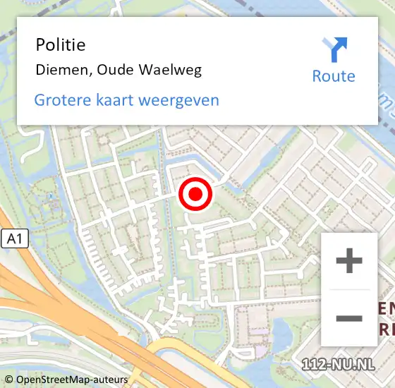 Locatie op kaart van de 112 melding: Politie Diemen, Oude Waelweg op 14 juli 2024 08:21