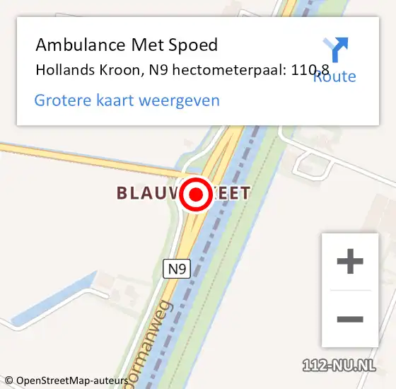 Locatie op kaart van de 112 melding: Ambulance Met Spoed Naar Hollands Kroon, N9 hectometerpaal: 110,8 op 14 juli 2024 08:59