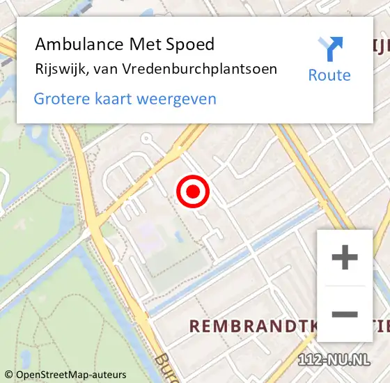 Locatie op kaart van de 112 melding: Ambulance Met Spoed Naar Rijswijk, van Vredenburchplantsoen op 14 juli 2024 09:54