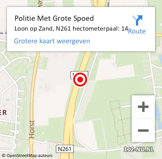 Locatie op kaart van de 112 melding: Politie Met Grote Spoed Naar Loon op Zand, N261 hectometerpaal: 14 op 14 juli 2024 10:17