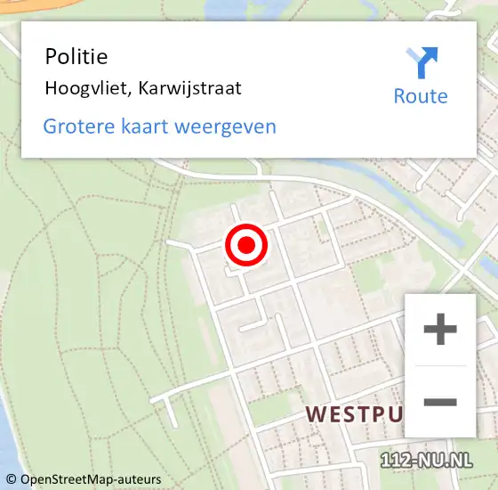 Locatie op kaart van de 112 melding: Politie Hoogvliet, Karwijstraat op 14 juli 2024 10:46