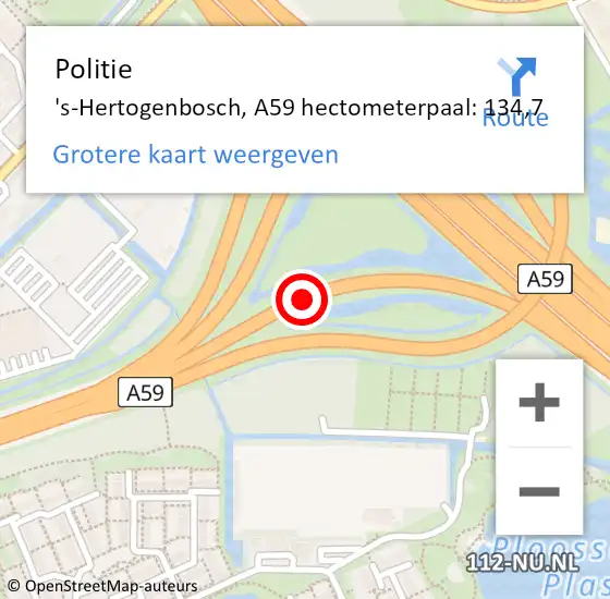 Locatie op kaart van de 112 melding: Politie 's-Hertogenbosch, A59 hectometerpaal: 134,7 op 14 juli 2024 11:10
