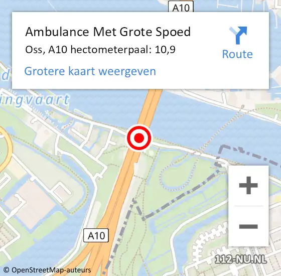 Locatie op kaart van de 112 melding: Ambulance Met Grote Spoed Naar Oss, A10 hectometerpaal: 10,9 op 14 juli 2024 12:38