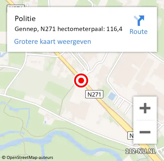 Locatie op kaart van de 112 melding: Politie Gennep, N271 hectometerpaal: 116,4 op 14 juli 2024 13:17