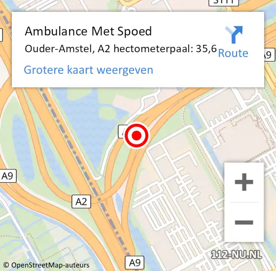 Locatie op kaart van de 112 melding: Ambulance Met Spoed Naar Ouder-Amstel, A2 hectometerpaal: 35,6 op 14 juli 2024 14:10