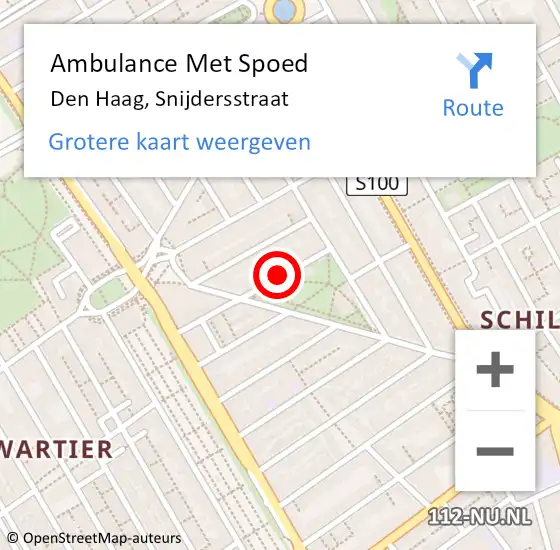 Locatie op kaart van de 112 melding: Ambulance Met Spoed Naar Den Haag, Snijdersstraat op 14 juli 2024 14:31