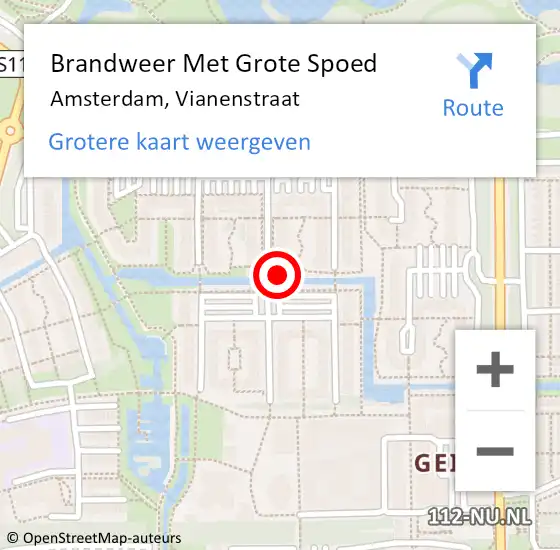 Locatie op kaart van de 112 melding: Brandweer Met Grote Spoed Naar Amsterdam, Vianenstraat op 14 juli 2024 15:11