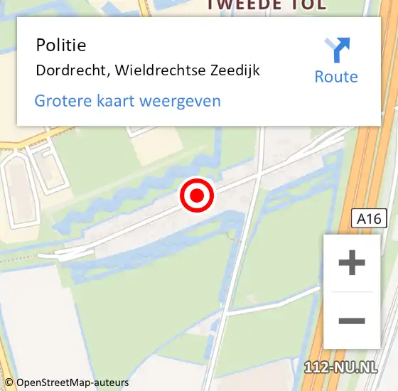 Locatie op kaart van de 112 melding: Politie Dordrecht, Wieldrechtse Zeedijk op 14 juli 2024 15:23