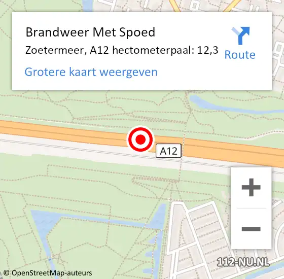 Locatie op kaart van de 112 melding: Brandweer Met Spoed Naar Zoetermeer, A12 hectometerpaal: 12,3 op 14 juli 2024 17:16