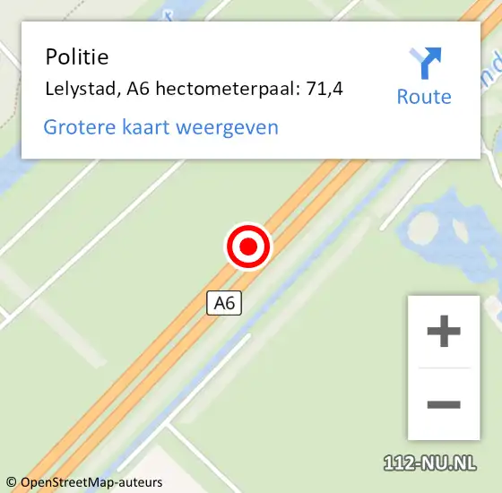 Locatie op kaart van de 112 melding: Politie Lelystad, A6 hectometerpaal: 71,4 op 14 juli 2024 18:17