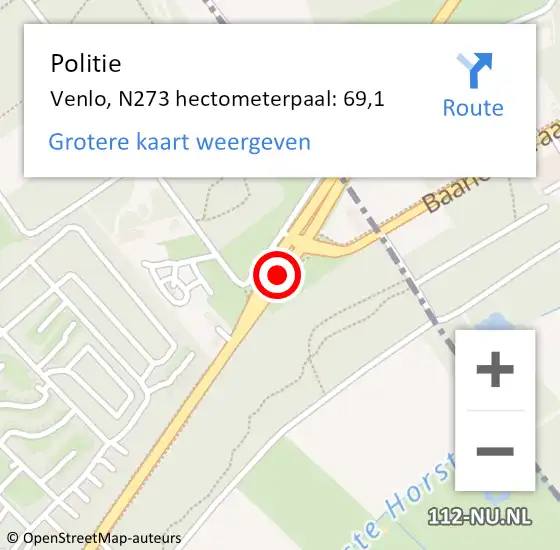 Locatie op kaart van de 112 melding: Politie Venlo, N273 hectometerpaal: 69,1 op 14 juli 2024 18:19