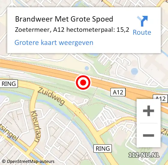 Locatie op kaart van de 112 melding: Brandweer Met Grote Spoed Naar Zoetermeer, A12 hectometerpaal: 15,2 op 14 juli 2024 18:38