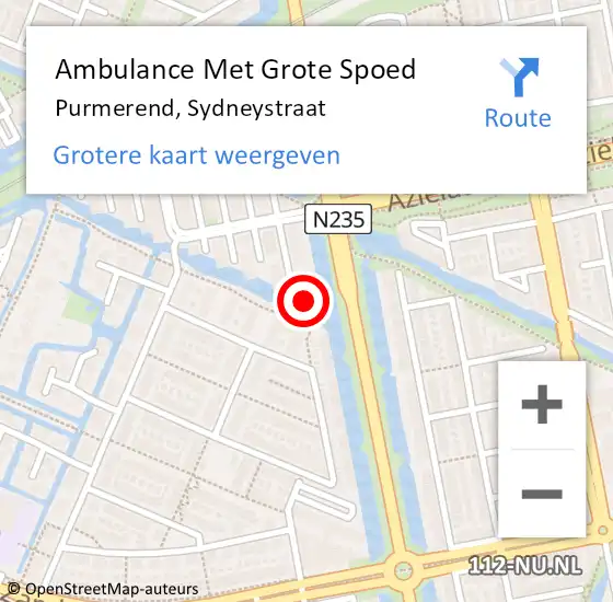 Locatie op kaart van de 112 melding: Ambulance Met Grote Spoed Naar Purmerend, Sydneystraat op 14 juli 2024 19:11