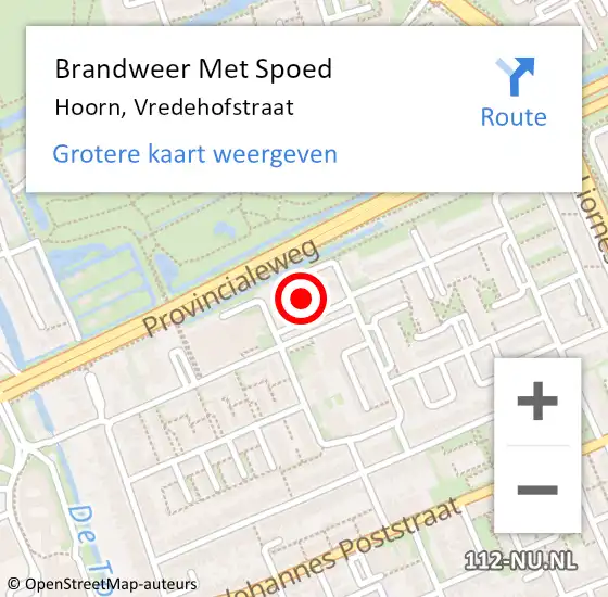 Locatie op kaart van de 112 melding: Brandweer Met Spoed Naar Hoorn, Vredehofstraat op 14 juli 2024 19:17