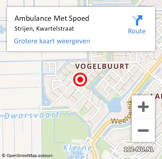 Locatie op kaart van de 112 melding: Ambulance Met Spoed Naar Strijen, Kwartelstraat op 14 juli 2024 19:32