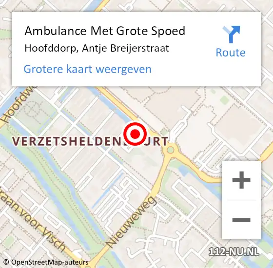 Locatie op kaart van de 112 melding: Ambulance Met Grote Spoed Naar Hoofddorp, Antje Breijerstraat op 14 juli 2024 19:44