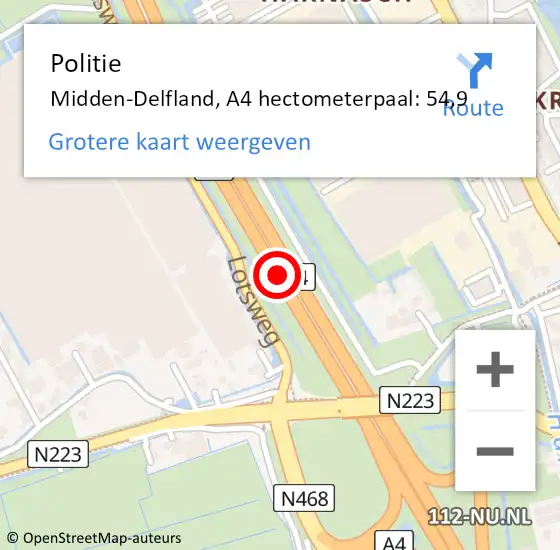 Locatie op kaart van de 112 melding: Politie Midden-Delfland, A4 hectometerpaal: 54,9 op 14 juli 2024 19:50