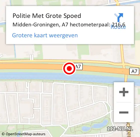 Locatie op kaart van de 112 melding: Politie Met Grote Spoed Naar Midden-Groningen, A7 hectometerpaal: 216,6 op 14 juli 2024 22:19