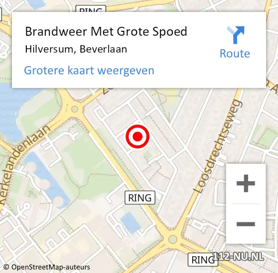 Locatie op kaart van de 112 melding: Brandweer Met Grote Spoed Naar Hilversum, Beverlaan op 14 juli 2024 22:39