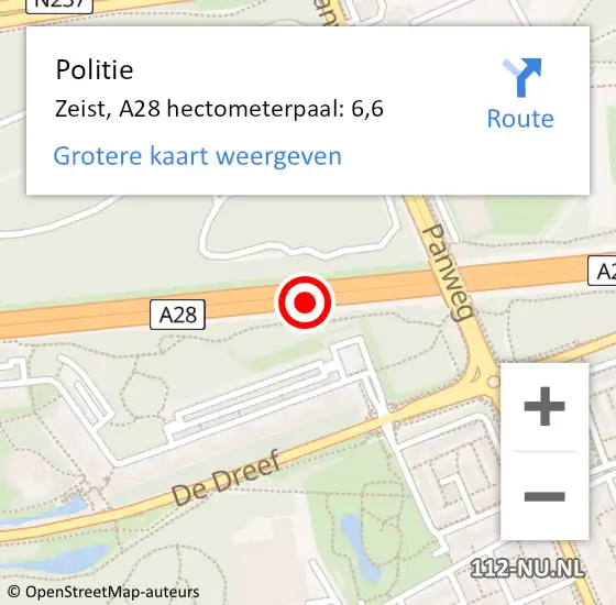 Locatie op kaart van de 112 melding: Politie Zeist, A28 hectometerpaal: 6,6 op 14 juli 2024 23:14