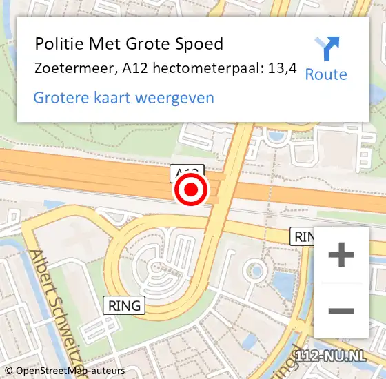 Locatie op kaart van de 112 melding: Politie Met Grote Spoed Naar Zoetermeer, A12 hectometerpaal: 13,4 op 14 juli 2024 23:18