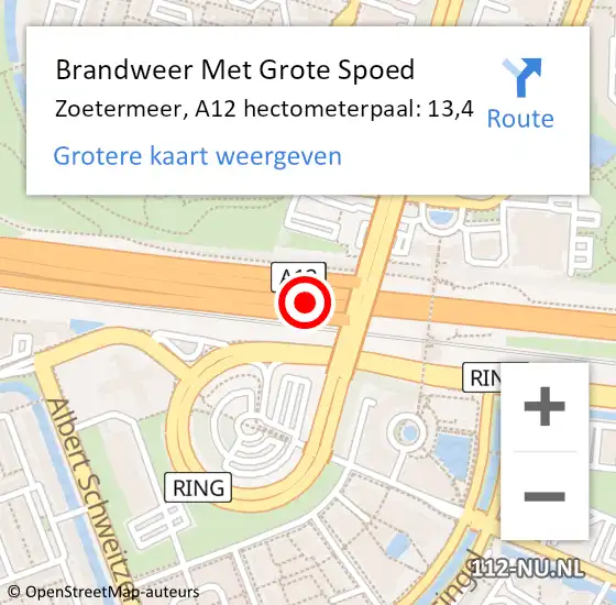 Locatie op kaart van de 112 melding: Brandweer Met Grote Spoed Naar Zoetermeer, A12 hectometerpaal: 13,4 op 14 juli 2024 23:20