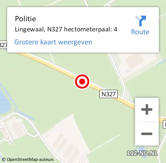 Locatie op kaart van de 112 melding: Politie West Betuwe, N327 hectometerpaal: 4 op 14 juli 2024 23:36