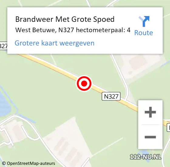 Locatie op kaart van de 112 melding: Brandweer Met Grote Spoed Naar West Betuwe, N327 hectometerpaal: 4 op 14 juli 2024 23:36