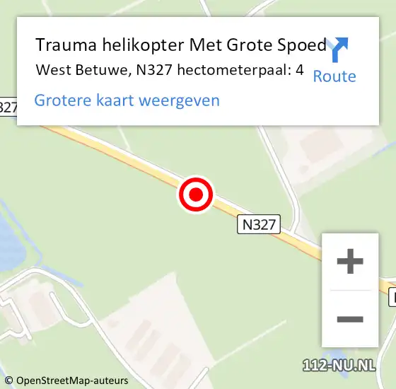 Locatie op kaart van de 112 melding: Trauma helikopter Met Grote Spoed Naar West Betuwe, N327 hectometerpaal: 4 op 14 juli 2024 23:38