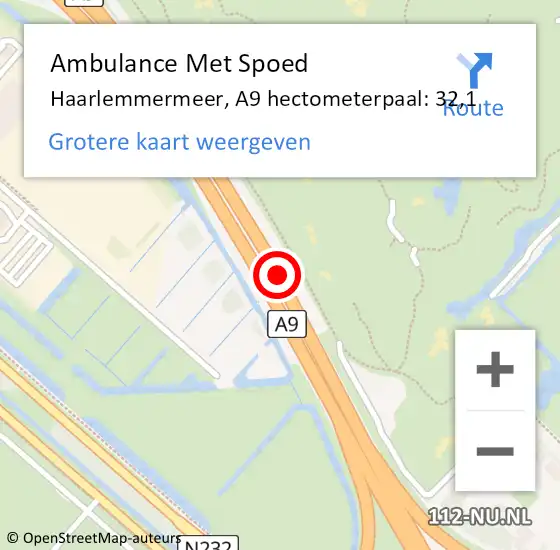 Locatie op kaart van de 112 melding: Ambulance Met Spoed Naar Haarlemmermeer, A9 hectometerpaal: 32,1 op 15 juli 2024 07:10