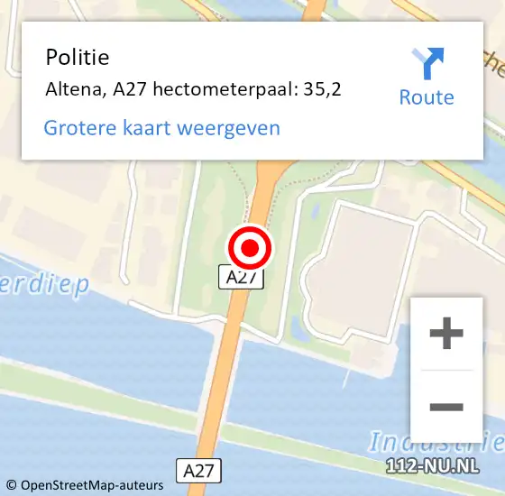 Locatie op kaart van de 112 melding: Politie Altena, A27 hectometerpaal: 35,2 op 15 juli 2024 07:59