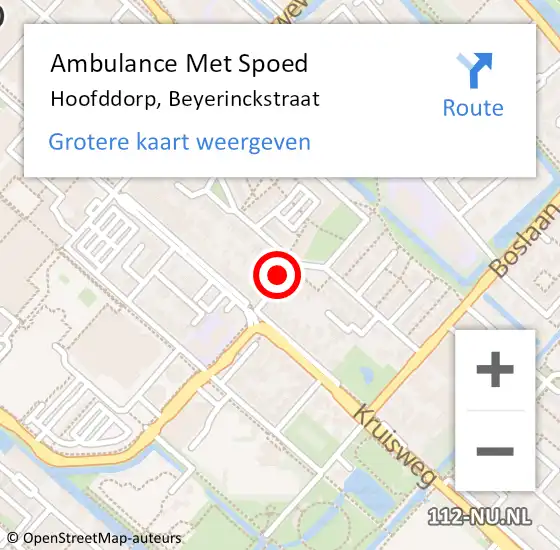 Locatie op kaart van de 112 melding: Ambulance Met Spoed Naar Hoofddorp, Beyerinckstraat op 15 juli 2024 09:35