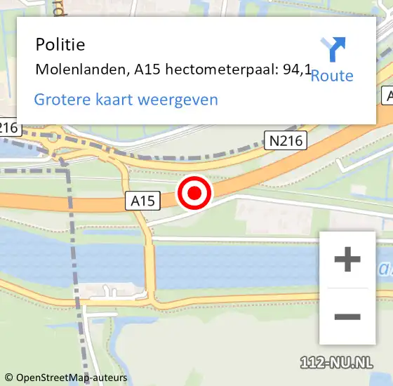 Locatie op kaart van de 112 melding: Politie Molenlanden, A15 hectometerpaal: 94,1 op 15 juli 2024 11:08