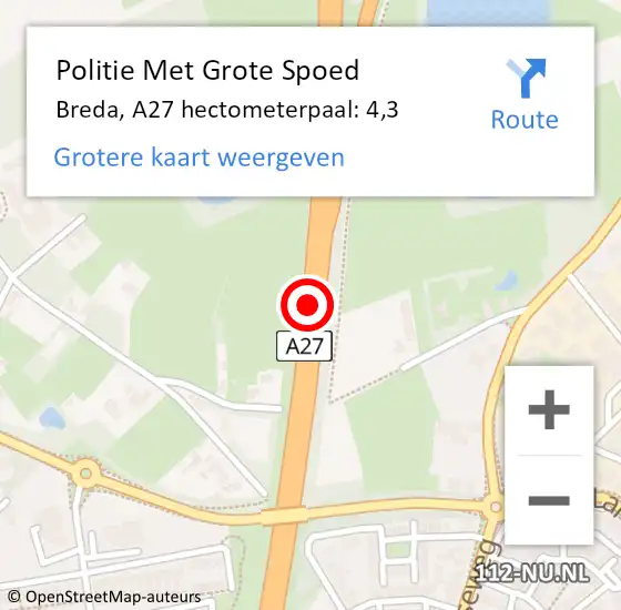 Locatie op kaart van de 112 melding: Politie Met Grote Spoed Naar Breda, A27 hectometerpaal: 4,3 op 15 juli 2024 11:08