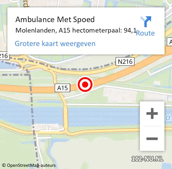 Locatie op kaart van de 112 melding: Ambulance Met Spoed Naar Molenlanden, A15 hectometerpaal: 94,1 op 15 juli 2024 11:10