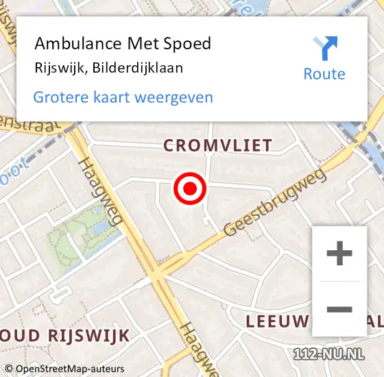 Locatie op kaart van de 112 melding: Ambulance Met Spoed Naar Rijswijk, Bilderdijklaan op 15 juli 2024 12:18