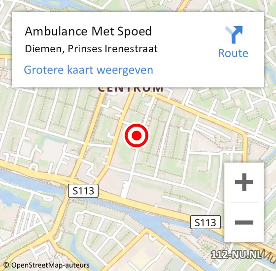 Locatie op kaart van de 112 melding: Ambulance Met Spoed Naar Diemen, Prinses Irenestraat op 15 juli 2024 12:37