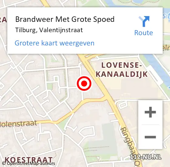 Locatie op kaart van de 112 melding: Brandweer Met Grote Spoed Naar Tilburg, Valentijnstraat op 15 juli 2024 13:31