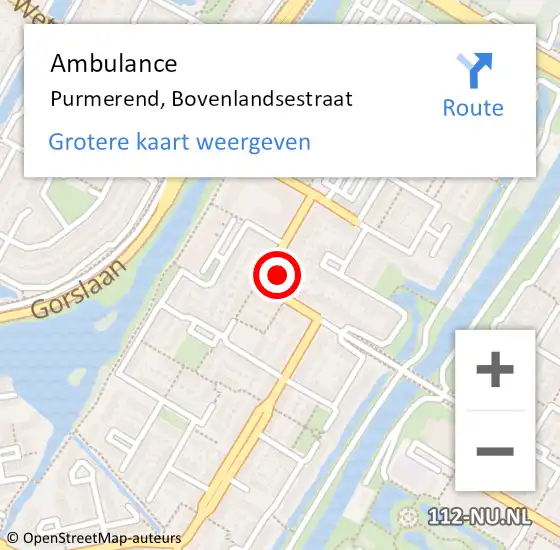 Locatie op kaart van de 112 melding: Ambulance Purmerend, Bovenlandsestraat op 15 juli 2024 13:56