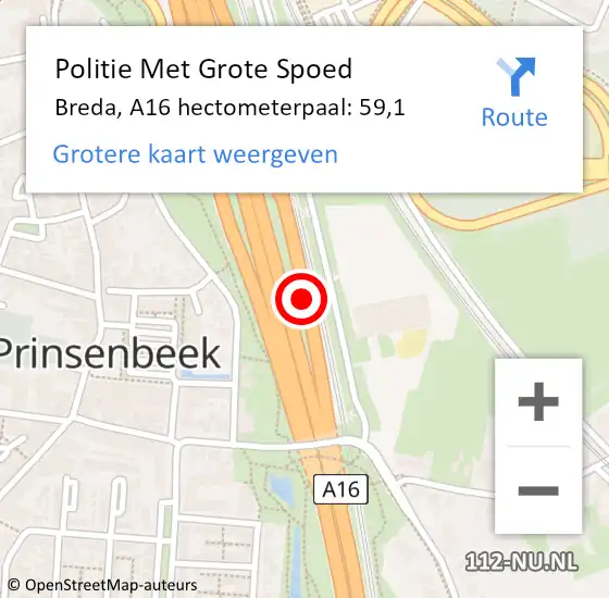 Locatie op kaart van de 112 melding: Politie Met Grote Spoed Naar Breda, A16 hectometerpaal: 59,1 op 15 juli 2024 14:16
