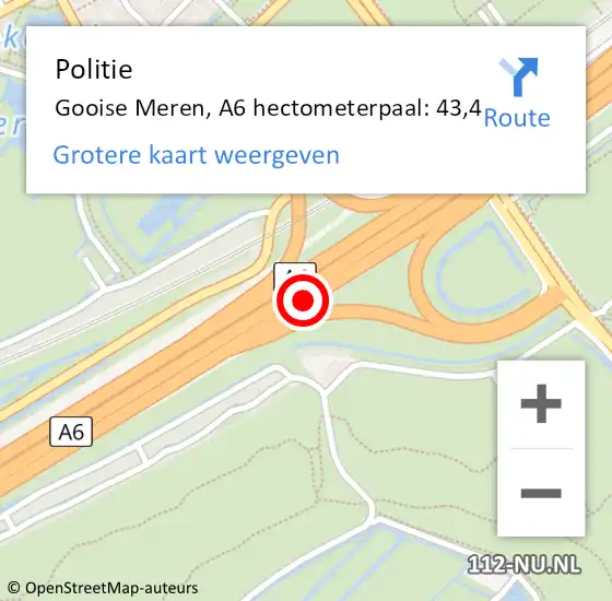 Locatie op kaart van de 112 melding: Politie Gooise Meren, A6 hectometerpaal: 43,4 op 15 juli 2024 16:53
