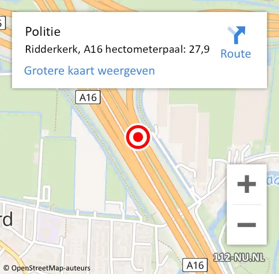 Locatie op kaart van de 112 melding: Politie Ridderkerk, A16 hectometerpaal: 27,9 op 15 juli 2024 16:58