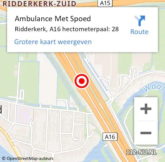 Locatie op kaart van de 112 melding: Ambulance Met Spoed Naar Ridderkerk, A16 hectometerpaal: 28 op 15 juli 2024 16:58