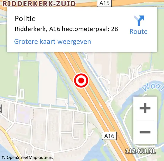 Locatie op kaart van de 112 melding: Politie Ridderkerk, A16 hectometerpaal: 28 op 15 juli 2024 16:59